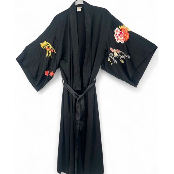 NATORI M Kimono Robe Satin Tie Waist Embroidered Womens Black Sleepwear Pajama - Picture 1 of 6
